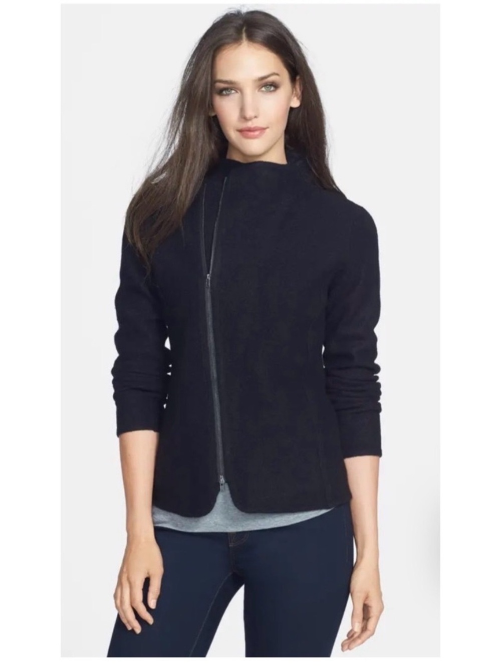 NWT Eileen Fisher Black Funnel Neck Zip-Front Jacket – 100% Merino Wool – Size L